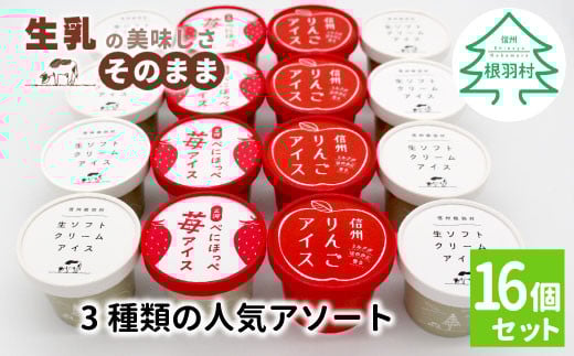 3種類の人気アソート 16個入り 80ml 100ml 生乳 牛乳 ミルク スイーツ アイスクリーム 信州 搾りたて アイス りんご りんごアイス アップル りんごミルク りんごスイーツ 苺 いちご 紅ほっぺ ス