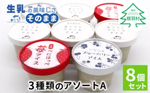 3種類のアソートA 8個セット 生ソフトクリームアイス 紅ほっぺ いちごアイス 80ml 100ml 生乳 牛乳 ミルク スイーツ アイスクリーム 信州 搾りたて アイス イチゴ ブルーベリー 6000円長野県