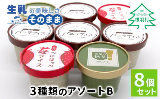 3種類のアソートB  8個セット 6000円 バニラアイスクリーム 紅ほっぺ 西尾の抹茶 いちご アイスクリーム ソフトクリーム スイーツ デザート長野県根羽村6000菓子・スイーツアイ