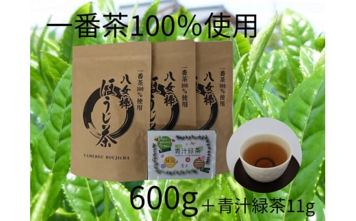 八女棒ほうじ茶600g(200g×3袋)と八女産大麦若葉青汁緑茶セット福岡県八女市12000お茶・飲料お茶