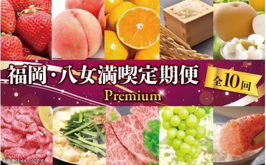 福岡・八女満喫定期便プレミアム全10回E<配送不可:北海道・沖縄・離島> 肉 フルーツ 果物 グルメ 食べ物 旬の味覚 いちご あまおう 桃 シャインマスカット 梨  みかん 米 もつ鍋 特産品