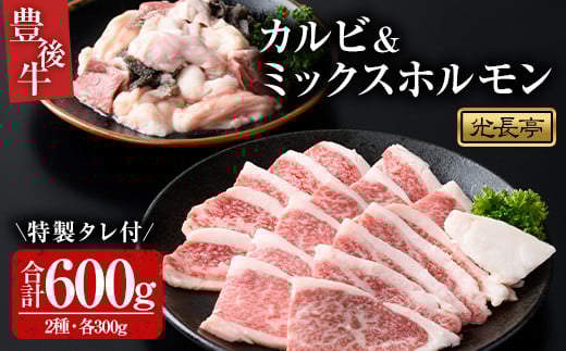 豊後牛 カルビ+ミックスホルモンセット 光長亭 特製タレ付(合計600g+250ml)牛肉 お肉 カルビ ホルモン センマイ ハツ 焼肉のたれ【109900200】【ショッピングストアー光長】大分県宇佐市14000肉牛