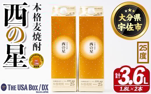 いいちこの推奨商品「西の星」地元産麦100%の本格麦焼酎 THE USA Box/DX(計3.6L・1.8L×2本)酒 お酒 麦焼酎 三和酒類 25度 セット 紙パック【114003301】【一般社団法人 地域商社USA】大分県宇佐市160