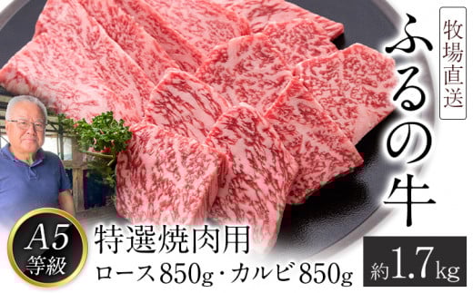 ふるの牛(黒毛和牛)特選焼肉用 1.7kg (ロース850g、カルビ850g) A5 ミシュラン掲載 《30日以内に出荷予定(土日祝除く)》福岡県鞍手町100000肉牛肉