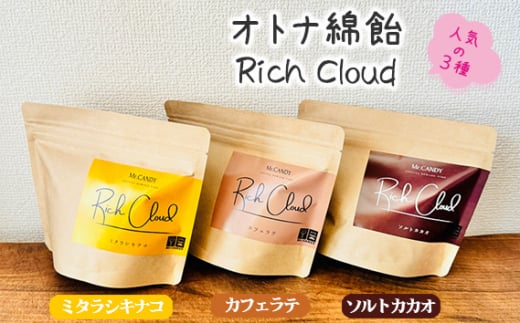 オトナ綿飴Rich Cloud人気の三種セット / わたあめ わたがし 綿あめ 綿菓子 スイーツ デザート おやつ ほどける口溶け 新食感 ミタラシキナコ ソルトカカオ カフェラテ 埼玉県 No.133埼玉県越