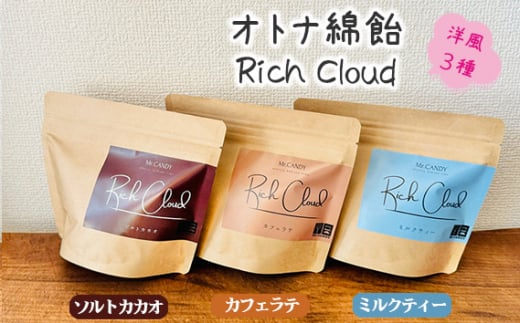 オトナ綿飴Rich Cloud洋風3種セット / わたあめ わたがし 綿あめ 綿菓子 スイーツ デザート おやつ ほどける口溶け 新食感 ソルトカカオ ミルクティー カフェラテ 埼玉県 No.135埼玉県越谷市1000