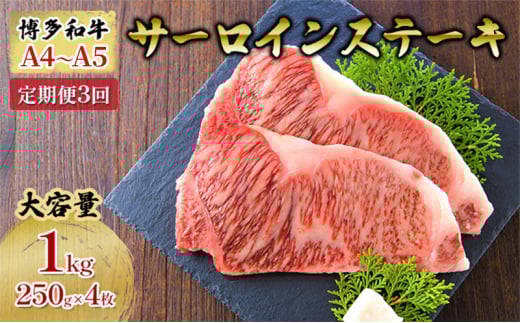 定期便 3ヶ月 牛肉 サーロイン ステーキ 合計1000g 博多和牛 A4〜A5(250g×4枚)セット 3回 配送不可:離島福岡県大刀洗町90000肉牛肉