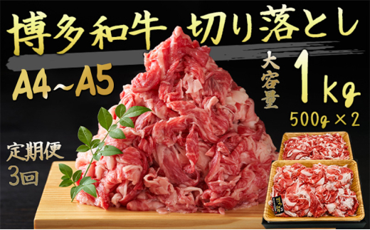 定期便 3ヶ月 牛肉 A4〜A5 博多和牛 切り落とし 1000g (500g×2p) 黒毛和牛 肩ロース 赤身 バラ カルビ 小分け 大好評につき継続!3回 配送不可:離島福岡県大刀洗町41000肉牛肉
