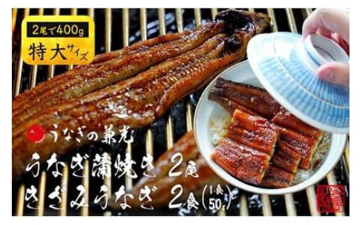 【通常発送】【三河 一色産】 特大サイズ うなぎ蒲焼き 2尾+きざみうなぎ 2袋 セット(蒲焼:2尾400g、きざみ うなぎ:50g×2袋) 小分け 個包装 国産 蒲焼 タレ付き うなぎの兼光 うなぎ 鰻