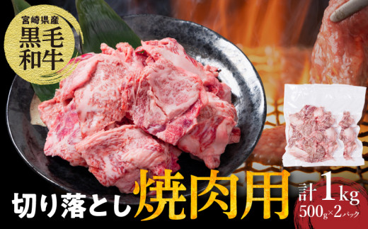 【2週間以内発送】宮崎県産黒毛和牛切り落とし(焼肉用)計1kg 肉 牛 牛肉 国産_T023-0171宮崎県都農町23000肉牛肉
