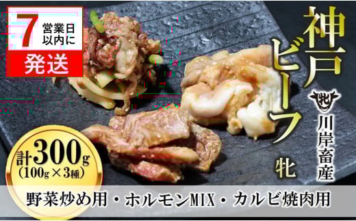 【神戸牛 牝】【7営業日以内発送】焼き肉用 味付け肉 3種 計300g(100g×3種)川岸畜産(09-27)兵庫県西脇市9000肉牛肉
