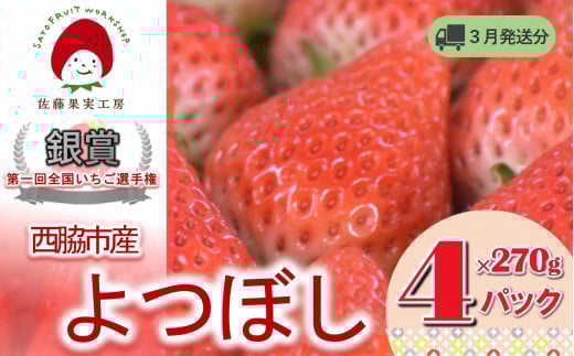 《2026年産先行予約》「西脇市産 佐藤果実工房のよつぼし」(約270g×4パック 約1,080g)【佐藤果実工房 全国いちご選手権銀賞受賞農園 TVで紹介!】令和8年3月下旬配送分(12-42)兵庫県西