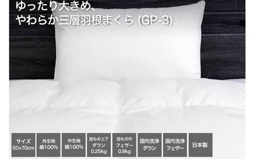 ★レビューキャンペーン対象★【河田フェザー使用】 ゆったり大きめ やわらか 三層羽根まくら (GP-3) ECOダウン フェザー 高級 まくら マクラ 枕 寝具 寝心地 品質 高級 ホテル 日本製 河田