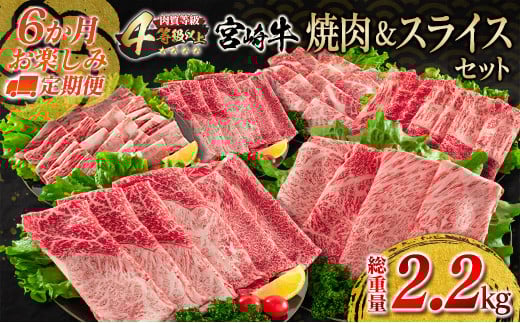 6か月 お楽しみ 定期便 宮崎牛 焼肉 スライス セット 総重量2.2kg 牛肉 ビーフ 黒毛和牛 国産 ブランド牛 すき焼き しゃぶしゃぶ 焼しゃぶ 炒め物 BBQ うで 肩ロース もも ばら ご褒美 お祝い 記