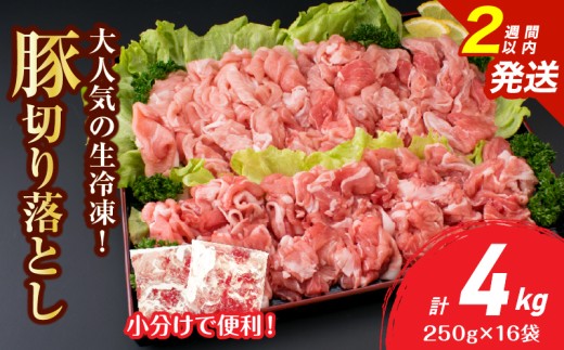 大人気 生冷凍 厳選 豚切り落とし 計4kg 国産 食品 豚肉 ぶた ポーク 小分け 個包装 真空パック 便利 大容量 生姜焼き 野菜炒め 豚汁 肉じゃが 豚丼 お弁当 おかず 晩ご飯 おすすめ 使い切りサ