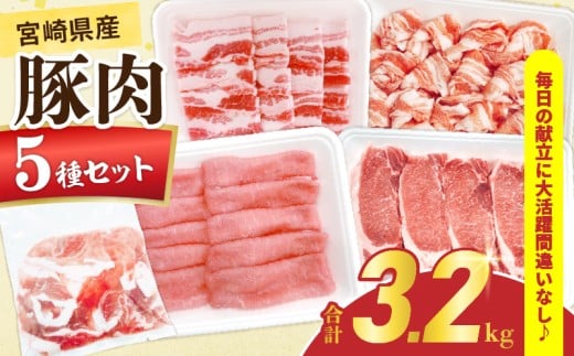宮崎県産 豚肉 5種 セット (合計3.2kg) 国産 食品 豚バラ 切り落とし ロース スライス 焼肉 BBQ しゃぶしゃぶ 生姜焼き とんかつ ソテー 豚丼 野菜炒め 冷しゃぶ 個包装 小分け おすすめ おかず