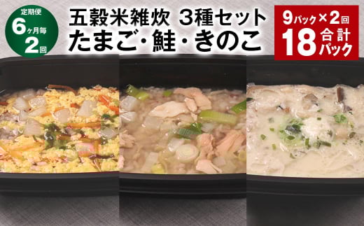 【6ヶ月毎2回定期便】 五穀米雑炊 3種セット(たまご・鮭・きのこ) 計18パック(9パック?2回) 五穀米 雑炊 うるち米熊本県相良村36000米・パン玄米・雑穀米・もち米・餅