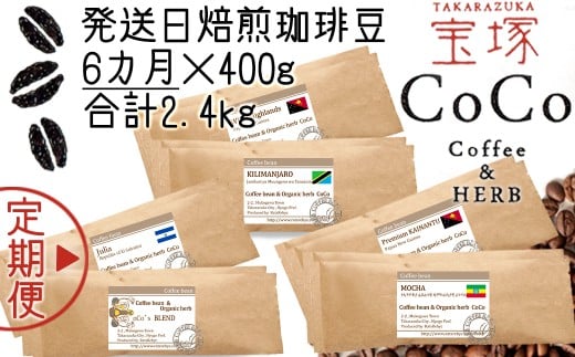 【宝塚】6ヶ月の定期便(当日自家焙煎珈琲豆・全6種 計2400g)【粉】兵庫県宝塚市55000お茶・飲料コーヒー・紅茶