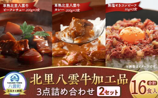 北里八雲牛 加工品3点詰め合わせ(2セット)【 ビーフシチュー カレー コーンビーフ 加工品 肉加工品 おうちごはん 簡単調理 レトルト 詰め合わせ セット 食品 グルメ お取り寄せ お取り寄せ