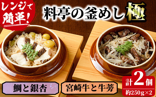 料亭の釜めし・極<宮崎牛と牛蒡><鯛と銀杏>(2種各1個)【TW-1】【魚甚閣 常若】宮崎県門川町15000鍋セット・総菜・加工食品総菜