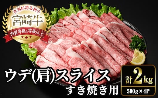 宮崎牛 肩(ウデ) スライス (計2kg・500g×4P) すき焼き お肉 牛肉 黒毛和牛 宮崎牛 ブランド和牛 冷凍 国産 肩 ウデ スライス 宮崎県産 しゃぶしゃぶ 【YM-16】【YAMATO株式会社】宮崎県門川町40000肉