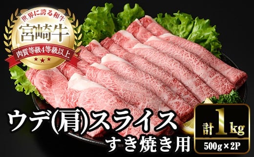 宮崎牛 肩(ウデ) スライス (計1kg・500g×2P) すき焼き お肉 牛肉 黒毛和牛 宮崎牛 ブランド和牛 冷凍 国産 肩 ウデ スライス 宮崎県産 しゃぶしゃぶ 【YM-14】【YAMATO株式会社】宮崎県門川町21000肉