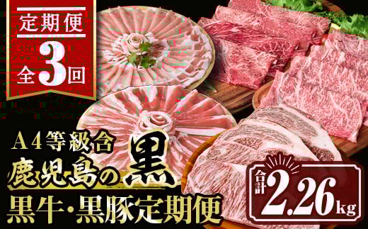 isa512 【定期便3回】鹿児島の黒!! 黒牛・黒豚 定期便(合計2.26kg) 肉 牛肉 ステーキ 霜降り すきやき しゃぶしゃぶ 牛しゃぶ 冷凍 ロース カタロース 肩ロー ス サーロイン 黒豚 豚肉 豚 ぶた