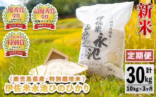 isa541 【定期便】令和7年産 特別栽培米 伊佐米永池ひのひかり(計30kg・10kg×3ヶ月) 伊佐市 永池 お米 米 白米 精米 伊佐米 食味コンテスト 最優秀賞受賞 ヒノヒカリ 【エコファーム永池】鹿児