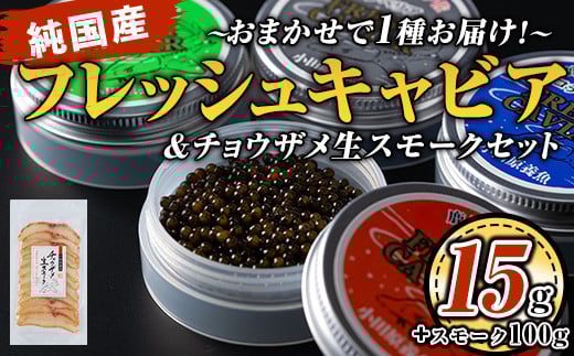 isa557 〈毎月数量限定〉おまかせフレッシュキャビア(15g×1種)&チョウザメスモーク(100g×1P)セット 国産 詰合せ 魚卵 白身 おつまみ 世界三大珍味 加工品 冷凍 冷凍便 セット【小田原養魚】鹿