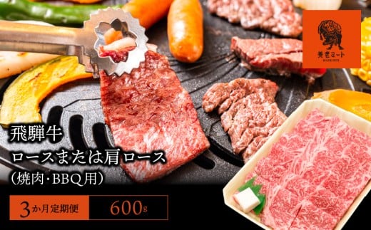 【3か月定期便】【飛騨牛】ロースまたは肩ロース600g (焼肉・BBQ用)岐阜県垂井町80000肉牛肉