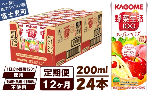 【 定期便 12ヶ月 】カゴメ 野菜生活100 アップルサラダ 200ml×24本 ジュース 野菜 果実ミックスジュース 果汁飲料 紙パック 砂糖不使用 1食分の野菜 カルシウム ビタミンA ビタミンC にんじん