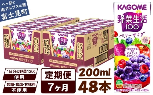 【 定期便 7ヶ月 】 カゴメ 野菜生活100 ベリーサラダ 200ml×48本 ジュース 野菜 果実ミックスジュース 果汁飲料 紙パック 砂糖不使用 1食分の野菜 鉄分 ポリフェノール ビタミンA 飲料類 ドリ
