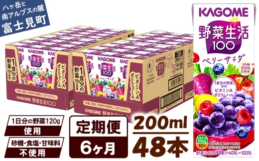 【 定期便 6ヶ月 】 カゴメ 野菜生活100 ベリーサラダ 200ml×48本 ジュース 野菜 果実ミックスジュース 果汁飲料 紙パック 砂糖不使用 1食分の野菜 鉄分 ポリフェノール ビタミンA 飲料類 ドリ