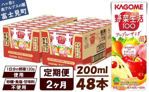 【 定期便 2ヶ月 】カゴメ 野菜生活100 アップルサラダ 200ml×48本 ジュース 野菜 果実ミックスジュース 果汁飲料 紙パック 砂糖不使用 1食分の野菜 カルシウム ビタミンA ビタミンC にんじん汁