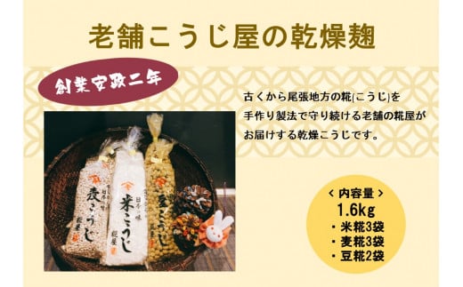 【創業安政二年】老舗こうじ屋の乾燥麹1.6kg(米糀3袋、麦糀3袋、豆糀2袋)愛知県津島市10000鍋セット・総菜・加工食品その他 鍋セット・総菜・加工食品