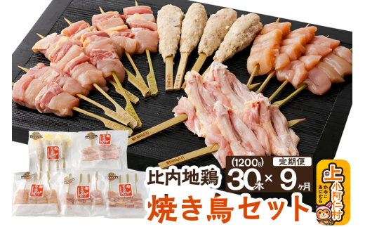 【定期便9ヶ月】秋田県産 比内地鶏 焼き鳥セット 30本/計1.2kg 秋田県 上小阿仁村 正肉 ささみ 鶏肉 やきとり秋田県上小阿仁村243000肉鶏肉