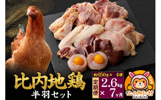 【定期便7ヶ月】比内地鶏 鶏肉セット(半羽) 2.6kg(650g×4袋) 2.6kg 国産 冷凍 鶏肉 鳥肉 とり肉秋田県上小阿仁村304500肉鶏肉