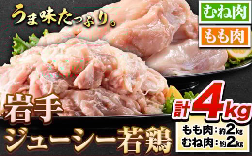 鶏肉 岩手 ジューシー 若鶏 食べ比べセット もも むね ブロック 計約4kg もも肉 むね肉《30日以内に発送予定(土日祝除く)》岩手県 九戸村 とり肉 スモークチキン 鶏肉ステーキ チキンカツ岩