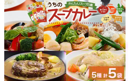 スープカレーの素 うちのスープカレー 贅沢5種セット 計5袋 トマト 濃厚エビ 昆布だし和風 リッチバター まろやかクリーミー 小分け スープカレー カレー ピーアンドピー  北海道 札幌市北