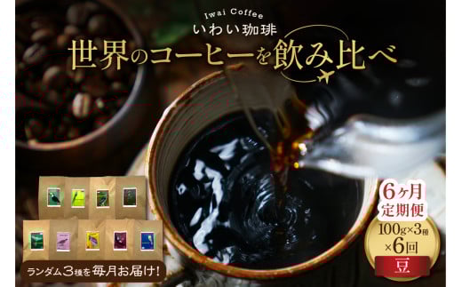 【定期便】世界のコーヒーを飲み比べ 定期便 全6ヶ月 店主厳選 珈琲 3種セット 毎月 100g × 3袋 6回 合計 1.8kg いわい珈琲 シングルオリジン300g(豆)北海道札幌市31000お茶・飲料コーヒー