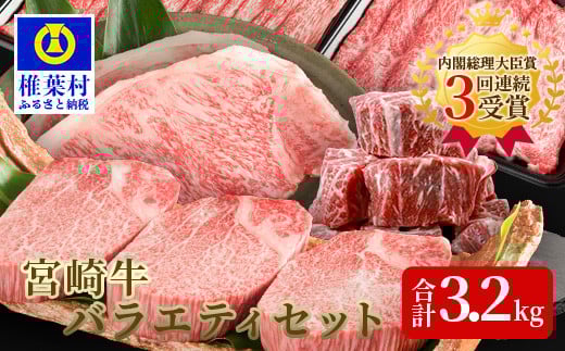 受賞歴多数!! ≪宮崎牛≫ お楽しみバラエティセット【合計3.2kg】【ステーキ・焼肉・すき焼き・しゃぶしゃぶ 】 宮崎県 椎葉村 秘境 国産 宮崎県産 ブランド牛 牛肉 牛 和牛 肉 ロース ヒレ