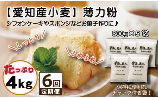 【小麦粉】碧海の恵み 薄力粉 国産 愛知県産 800g×5袋(計4kg) 定期便6回 スポンジ シフォンケーキ 菓子用 小麦 お好み焼き 天ぷら たこ焼き 保存に便利 チャック付き H008-259愛知県碧南市59000米