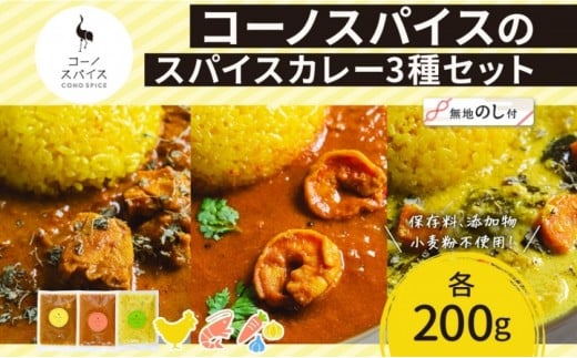 《無地熨斗》 コーノスパイス スパイスカレー 3種 セット チキンカレー エビカレー ベジタブルカレー 各200g パック カレー 冷凍 小麦粉不使用 グルテンフリー CONO SPICE コーノコーラ  愛知県