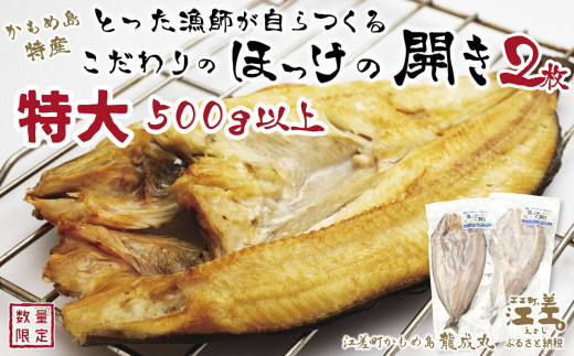 \配送時期指定可/【特大】北海道かもめ島特産 とった漁師が自らつくる こだわりのほっけの開き 〈特大〉サイズ 2枚 約30cm〜35cm 500g以上700g未満 大サイズより肉付きがよい 甘塩 漁