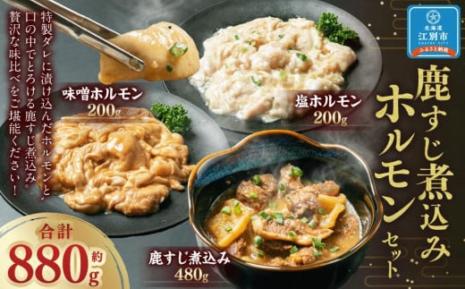 鹿すじ煮込み+ホルモンセット 合計880g(鹿すじ煮込み 480g・塩ホルモン 200g・味噌ホルモン 200g)北海道江別市15000肉ジビエ