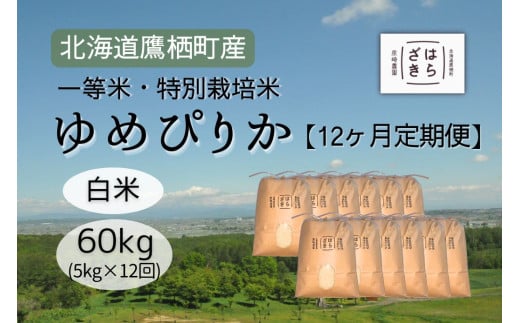 F026 12ヶ月定期便 【令和7年産】一等米・特別栽培米 60kg【ゆめぴりか白米】5kg×12ヶ月(農薬7割減)北海道 鷹栖町 原崎農園北海道鷹栖町216000米・パン白米