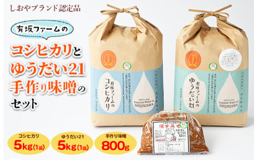 ≪先行受付≫有坂ファームの令和7年産コシヒカリとゆうだい21(5kg×2)・手作り味噌(800g)のセット(しおやブランド認定品)栃木県塩谷町28000米・パン白米