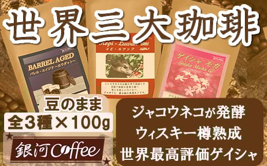 【12203-0103】生涯で飲みたい 世界3大珈琲(豆のまま)100g×3種 銀河コーヒー千葉県市川市25000お茶・飲料コーヒー・紅茶
