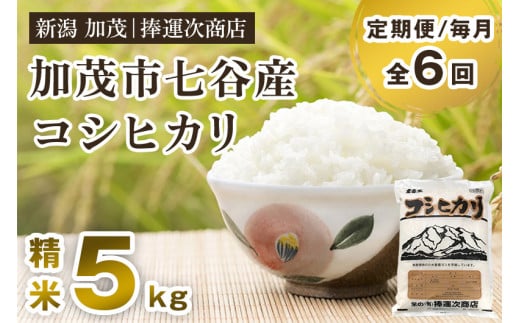 【令和6年産米】【定期便6ヶ月毎月お届け】新潟県加茂市七谷産コシヒカリ 精米5kg 白米 捧運次商店 定期便新潟県加茂市72000米・パン白米