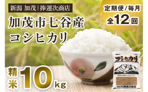 【令和6年産米】【定期便12ヶ月毎月お届け】新潟県加茂市七谷産コシヒカリ 精米10kg(5kg×2)白米 捧運次商店 定期便新潟県加茂市288000米・パン白米